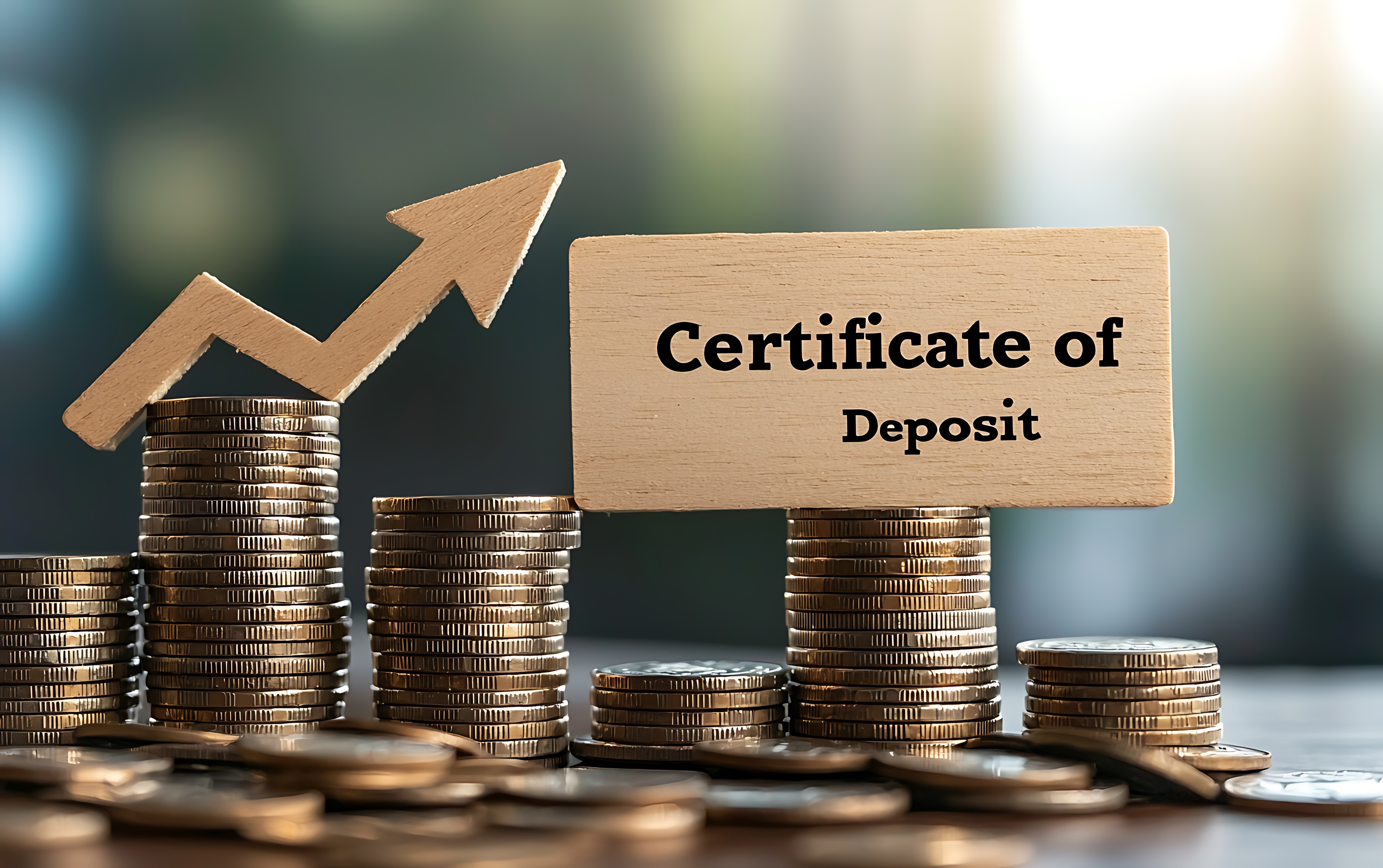 A graph arrow pointing upwards with the word Certificate of Deposit written on wooden blocks next to stacks of coins